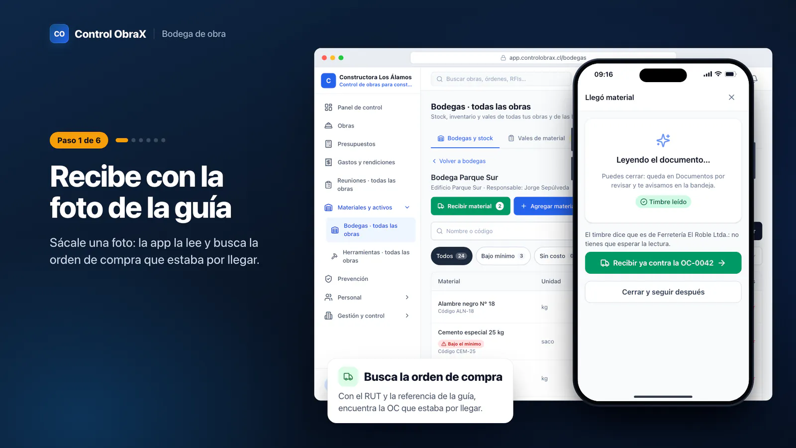 El celular del bodeguero leyendo la foto de una guía de despacho, con el timbre leído y la orden de compra sugerida