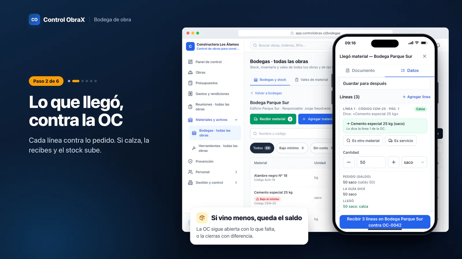 Revisión de la guía en el celular: la orden de compra sugerida, la guía de despacho y la línea de cemento que calza con lo pedido
