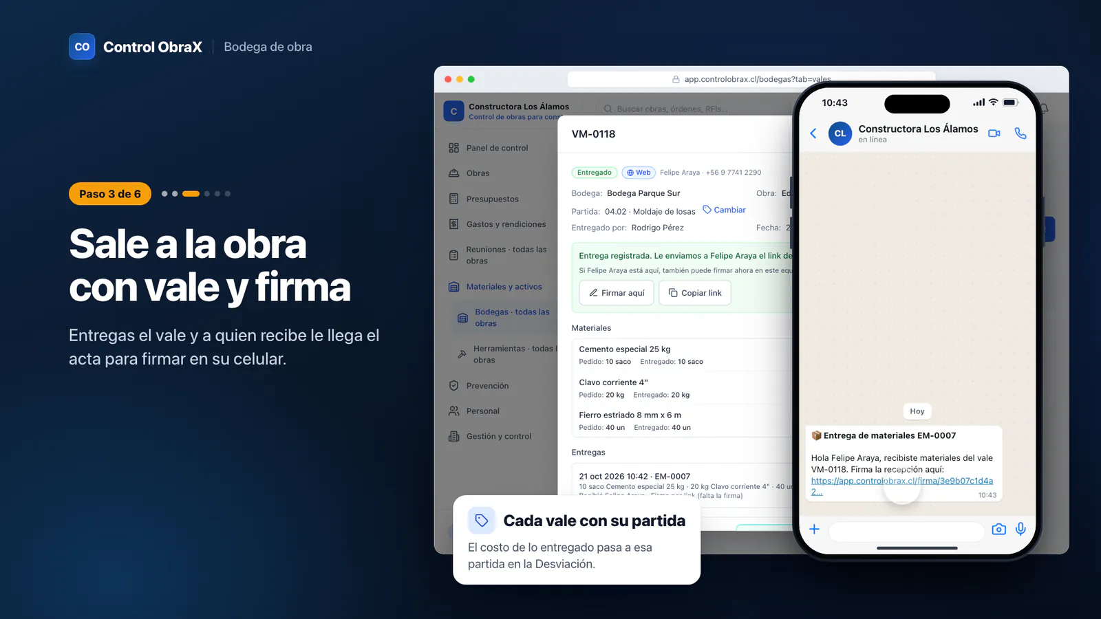 Vale de material entregado en la app y el acta de la entrega que llega por WhatsApp al celular de quien recibe