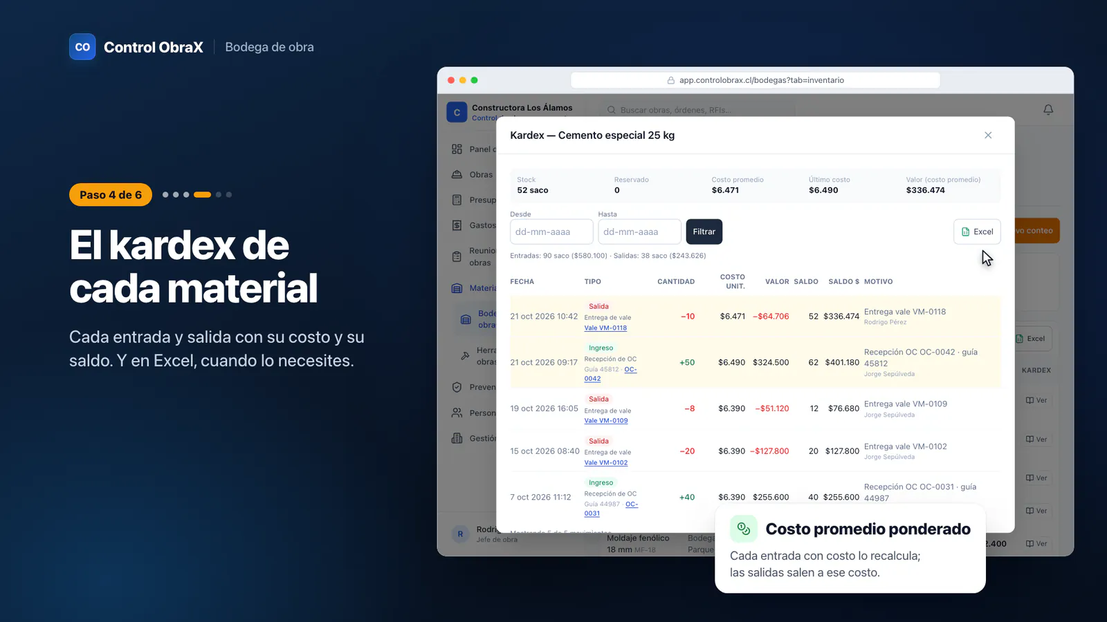 Kardex del cemento con las entradas y salidas, el costo unitario, el saldo en unidades y en pesos y el costo promedio