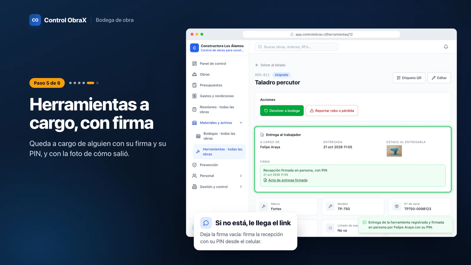 Ficha del taladro percutor entregado a un trabajador, con la recepción firmada en persona con PIN y el acta de entrega