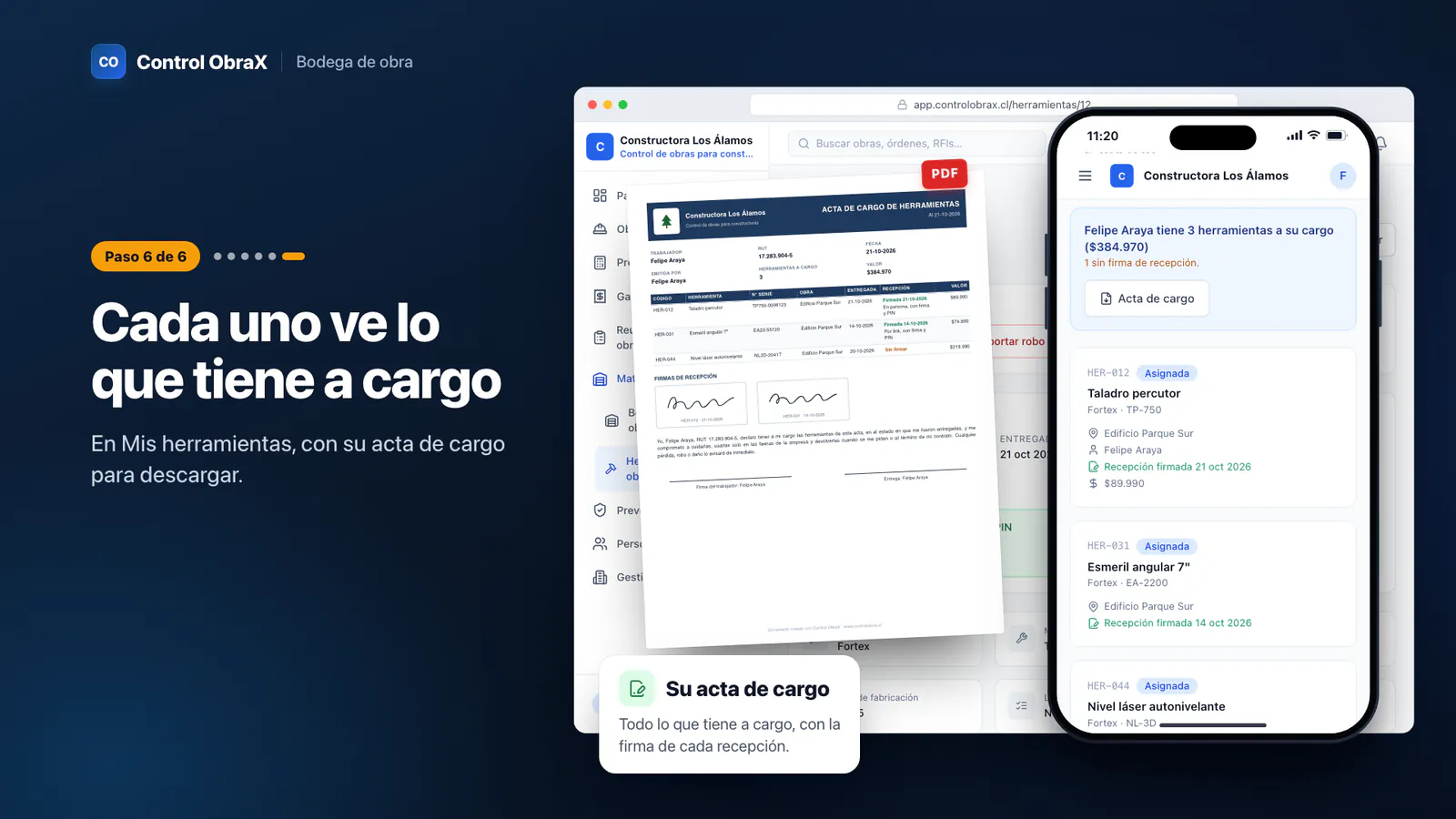 Mis herramientas en el celular del trabajador y su acta de cargo en PDF con las firmas de cada recepción
