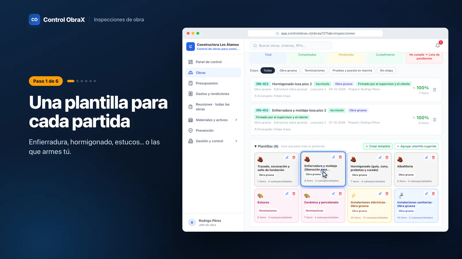 Ficha de un protocolo de calidad con el plano de la zona, la especialidad, la etapa y el técnico asociado