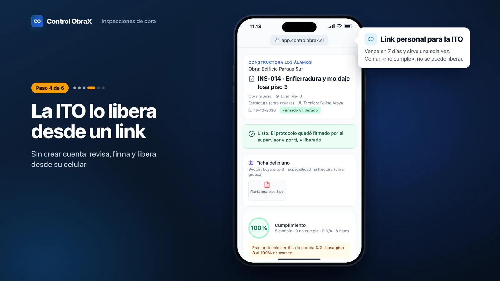 Cumplimiento técnico del protocolo con «Cumple con las EETT», productos instalados con su lote y ensayos con su respaldo
