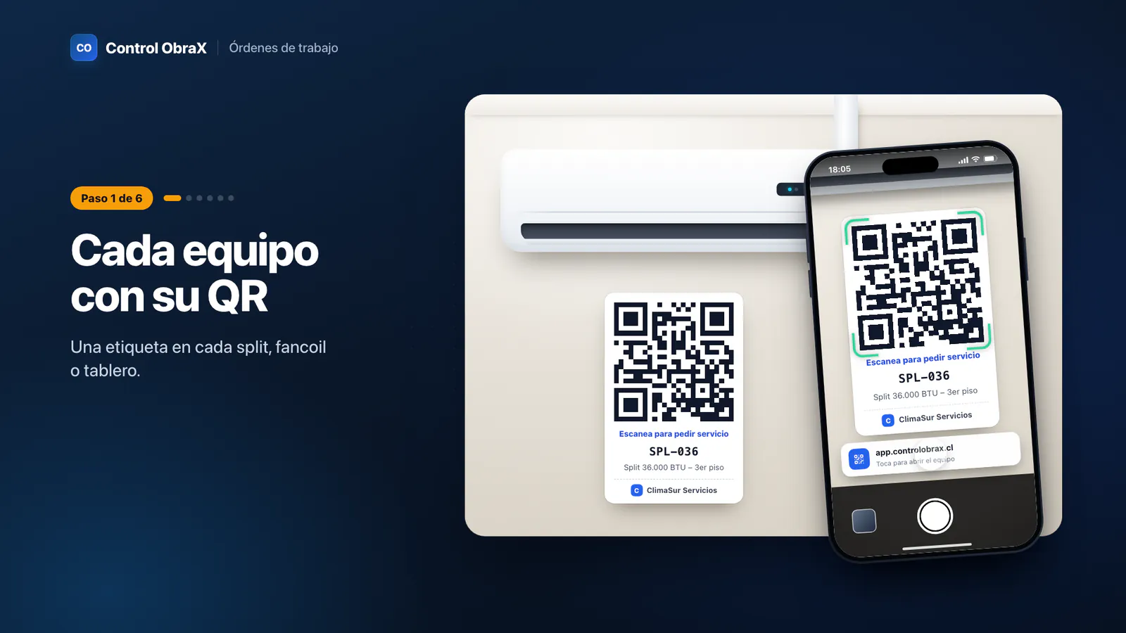 Celular escaneando la etiqueta QR de un aire acondicionado split, con el llamado «Escanea para pedir servicio»