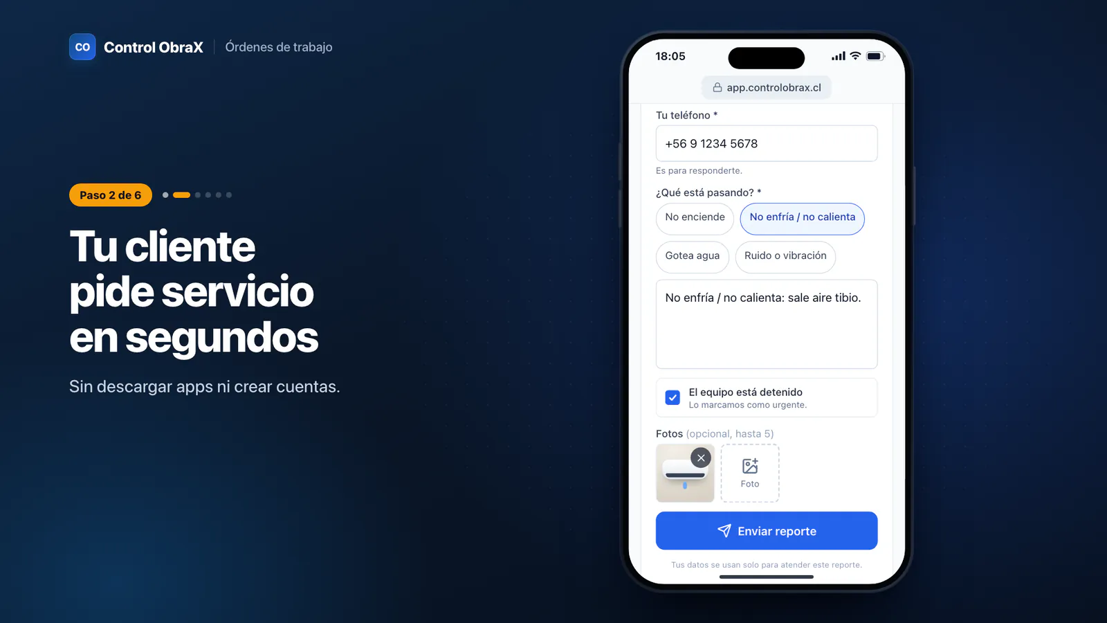 Formulario de solicitud de servicio que se abre al escanear el QR, con botones rápidos del problema, «El equipo está detenido» y una foto