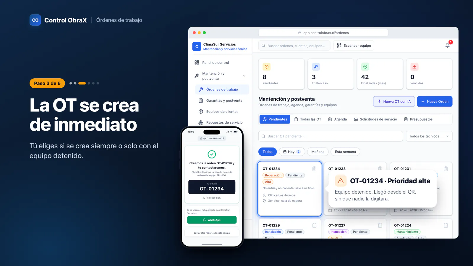Confirmación «Creamos la orden OT-01234» en el celular y la orden con prioridad alta en la lista de la oficina