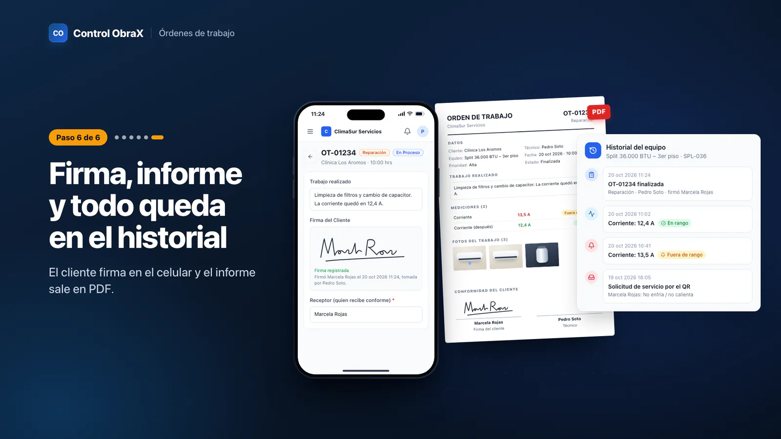 Firma del cliente en el celular del técnico, el informe de trabajo en PDF y el historial del equipo