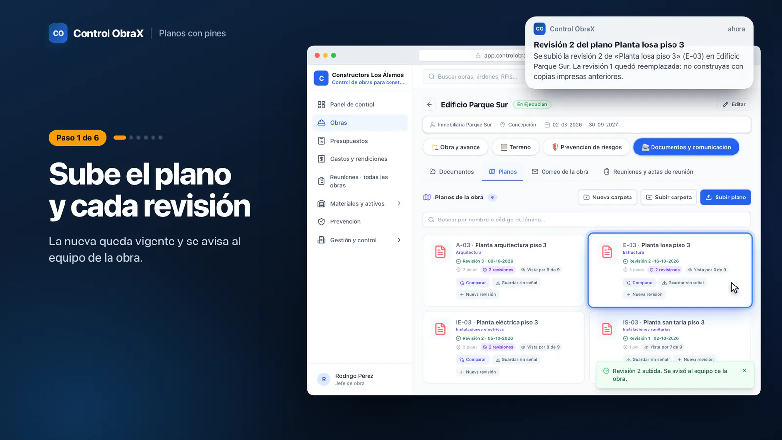 Lista de planos de la obra con la revisión vigente, los pines y cuántas personas del equipo vieron cada plano