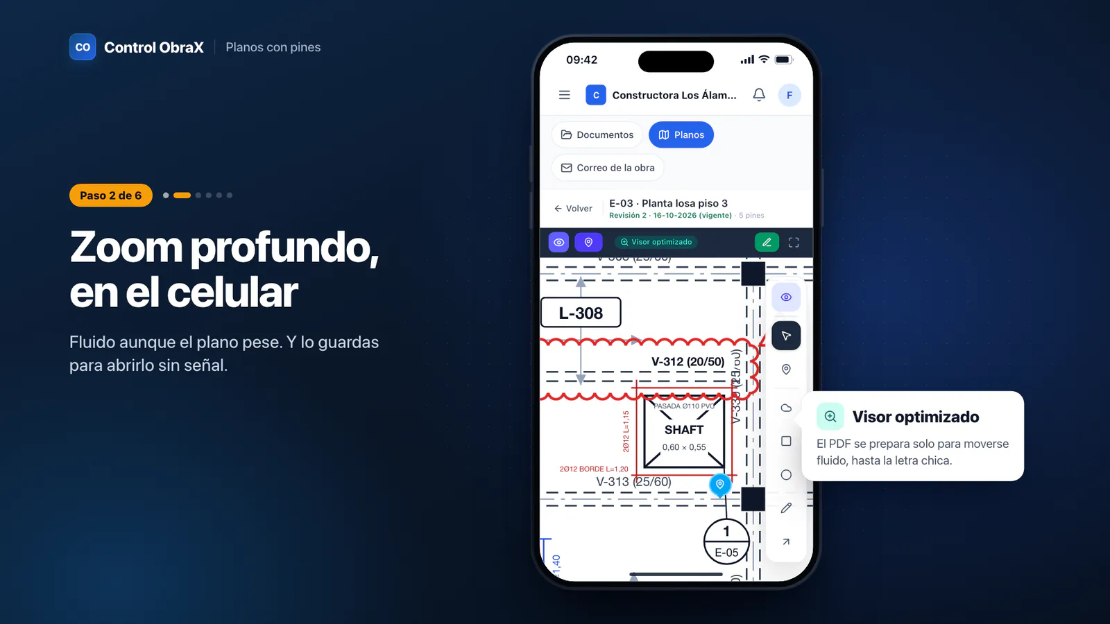 Plano abierto en el visor de zoom profundo con pines de colores según su tipo