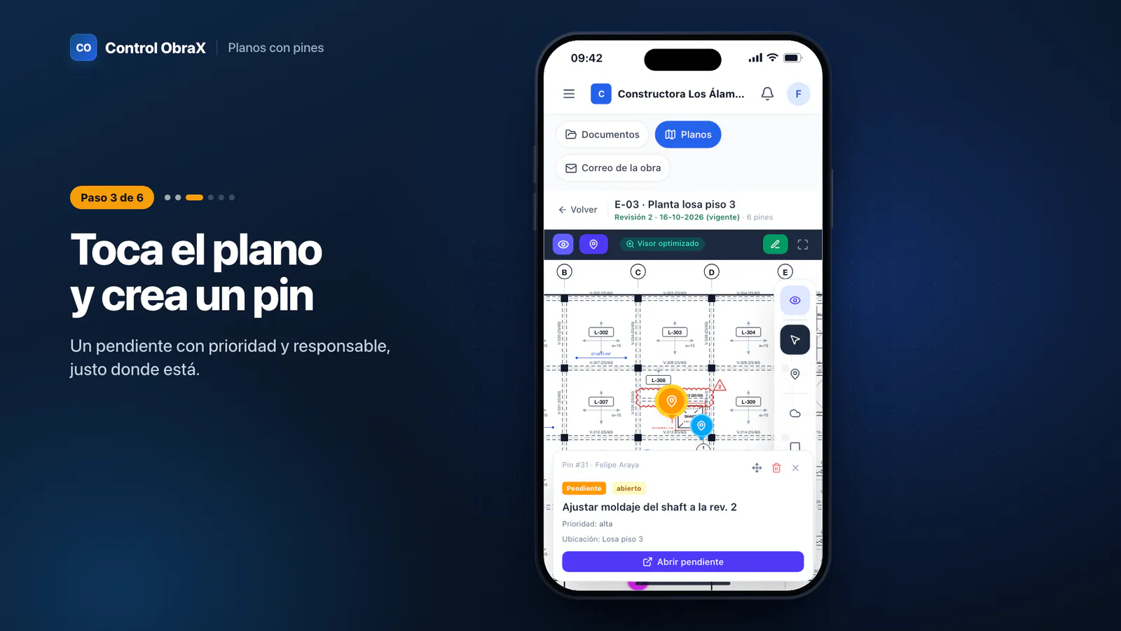 Pendiente creado desde un punto del plano, con su prioridad y su responsable, y el pin fijado en ese lugar