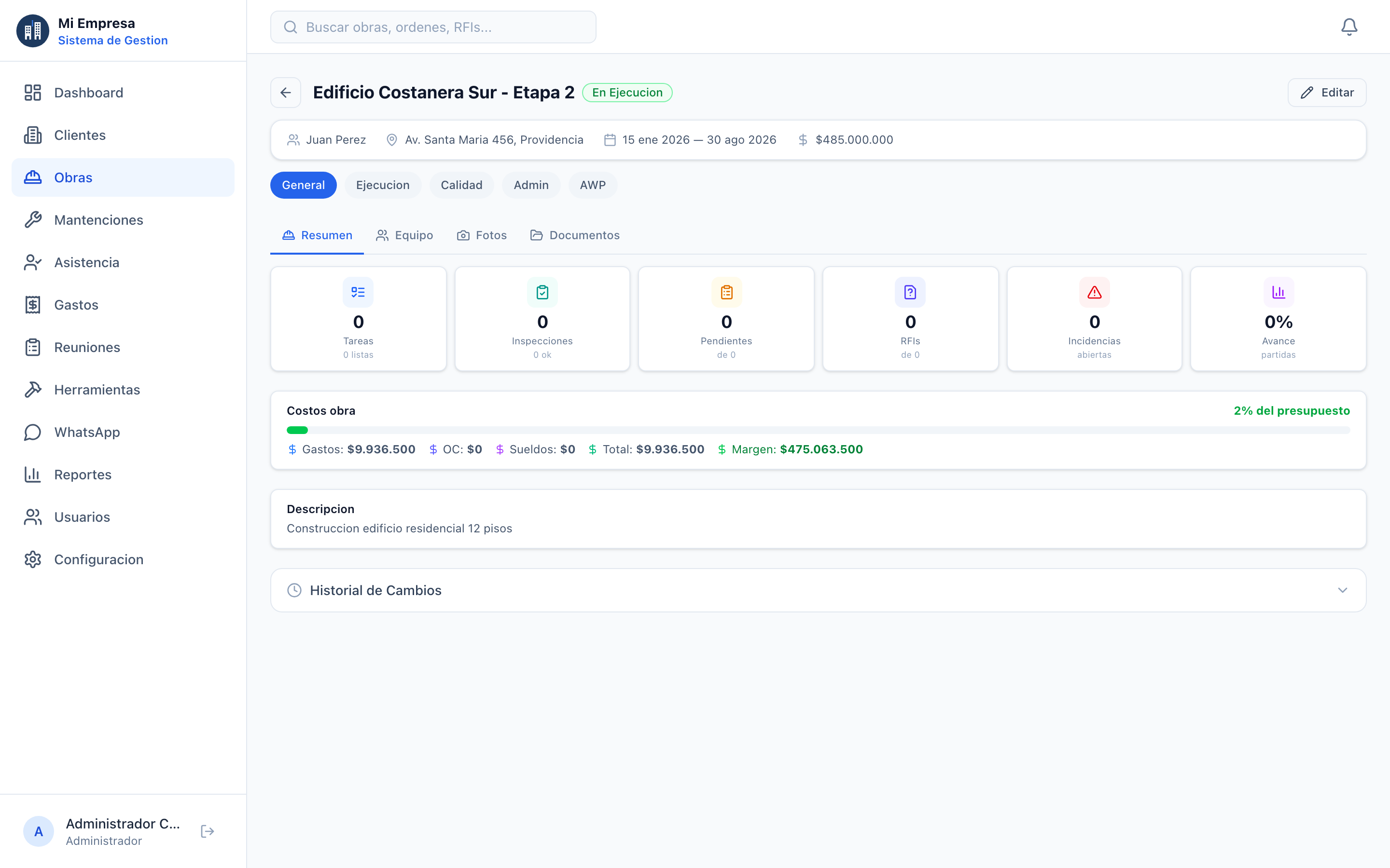 Panel de control de avance de obra en Control ObraX: avance real por partida contra el programa